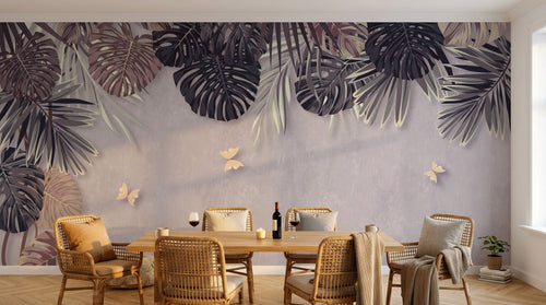 Design SL0480 — Papier peint Feuilles tropicales sepia marron papillons dores — Novomur