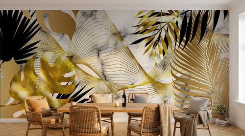 Design SL0481 — Papier peint Feuilles tropicales noir or marbre lignes — Novomur
