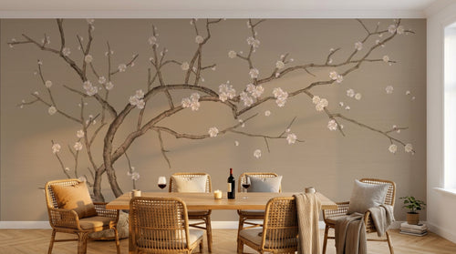 Design SL0493 — Papier peint Cerisier blanc fond beige dore chinoiserie — Novomur