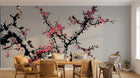 Design SL0501 — Papier peint Prunier rose oiseaux fond gris chinoiserie — Novomur