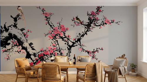 Design SL0501 — Papier peint Prunier rose oiseaux fond gris chinoiserie — Novomur