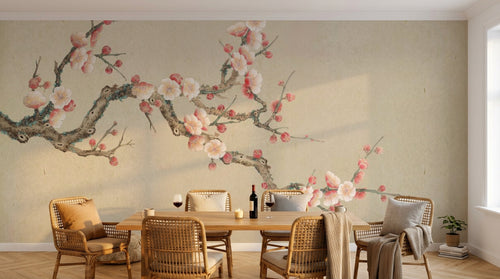 Design SL0503 — Papier peint Prunier rose pale fond beige epure — Novomur