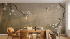 Design SL0504 — Papier peint Cerisier blanc oiseaux paysage chinois beige — Novomur