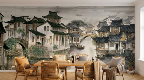 Design SL0506 — Papier peint Village chinois lac maisons toits noirs — Novomur