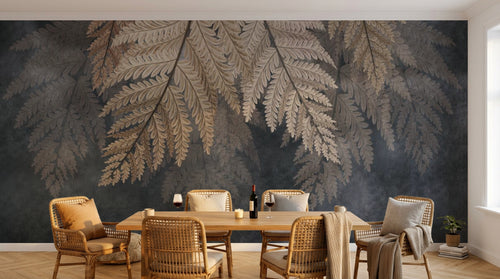 Design SL0583 — Papier peint Fougeres dorees fond gris brumeux luxe — Novomur