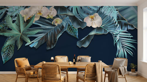 Design SL0610 — Papier peint Palmes monstera bleues orchidees fond marine — Novomur