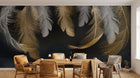 Design SL0630 — Papier peint Plumes blanches dorees fond bleu marine — Novomur