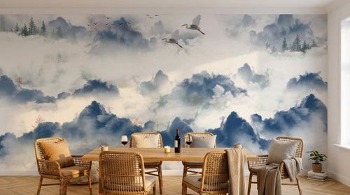 Design SL0635 — Papier peint Nuages montagnes grues paysage chinois — Novomur