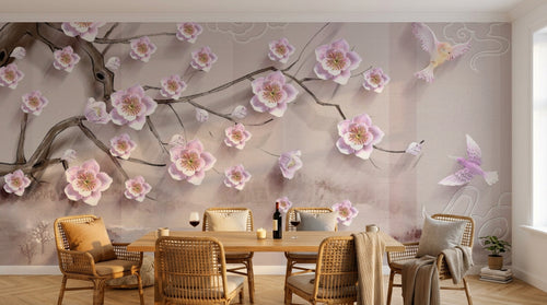 Design SL0672 — Papier peint Cerisier rose oiseaux dores relief beige — Novomur