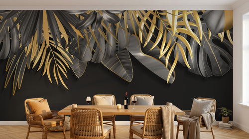 Design SL0705 — Papier peint Feuilles tropicales noir or fond noir luxe — Novomur