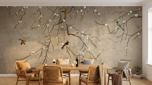 Design SL0801 — Papier peint Branches blanches oiseaux colores fond beige — Novomur