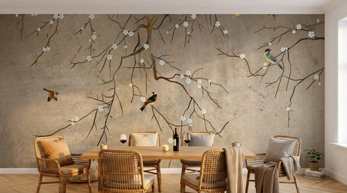 Design SL0801 — Papier peint Branches blanches oiseaux colores fond beige — Novomur
