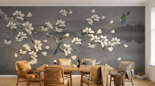 Design SL0812 — Papier peint Magnolias blancs oiseaux bleus fond gris fonce — Novomur