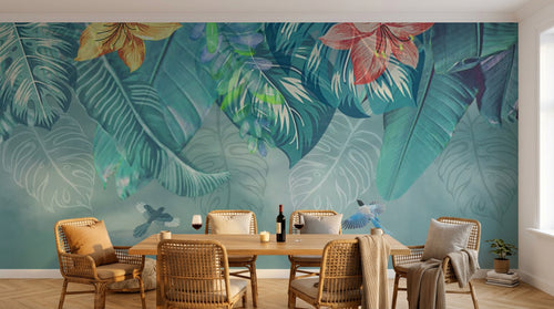 Design SL0813 — Papier peint Feuilles tropicales hibiscus aquarelle bleu — Novomur