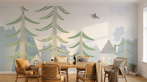Design SL0840 — Papier peint Sapins maisons oiseaux scandinave enfant — Novomur