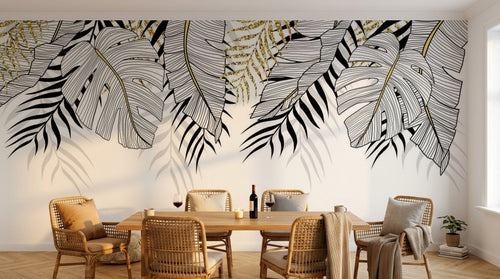 Design SL0842 — Papier peint Feuilles tropicales noir or fond blanc — Novomur