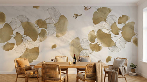 Design SL0848 — Papier peint Ginkgo dores oiseaux fond marbre — Novomur