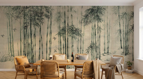 Design ZX0147 — Papier peint Foret bambous oiseaux fond beige chinois — Novomur