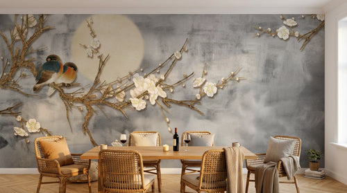Design ZX0250 — Papier peint Branches dorees fleurs blanches lune chinois — Novomur