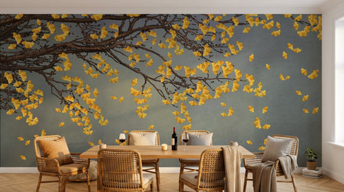 Design ZX0253 — Papier peint Ginkgo jaune branche fond bleu gris — Novomur