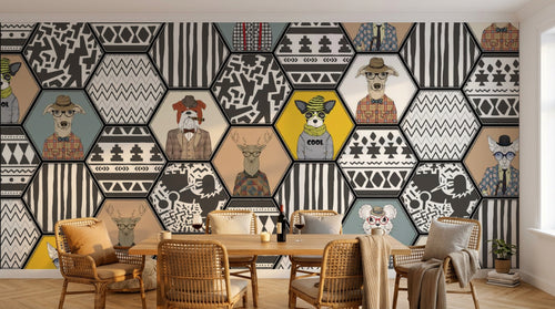 Design ZX0371 — Papier peint Animaux hipster hexagones costumes patchwork — Novomur