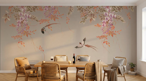 Design ZX0471 — Papier peint Glycine cascade rose oiseaux beige — Novomur