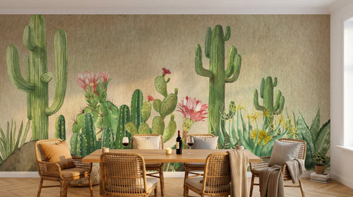 Design ZX0531 — Papier peint Cactus fleurs roses dunes desertiques — Novomur