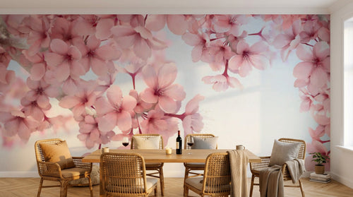 Design ZX0547 — Papier peint Cerisier rose dense fond bleu chinoiserie — Novomur