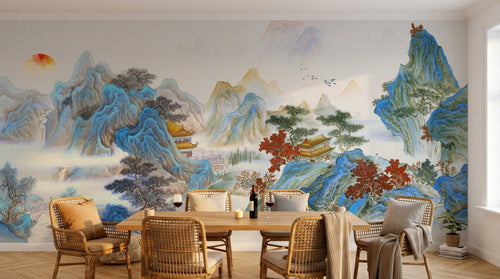 Design ZX0551 — Papier peint Paysage chinois pagode montagnes karstiques — Novomur