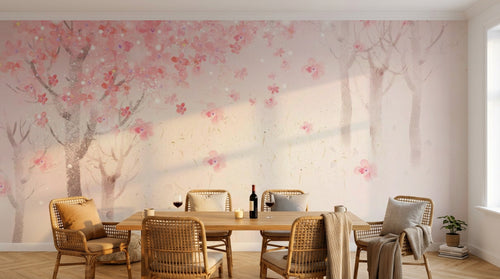 Design ZX0567 — Papier peint Cerisier rose foret vintage pastel — Novomur