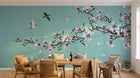 Design ZX0580 — Papier peint Magnolia rose oiseaux fond turquoise — Novomur