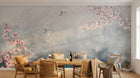 Design ZX0596 — Papier peint Magnolia rose oiseaux fond bleu brume — Novomur
