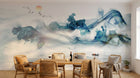 Design ZX0658 — Papier peint Paysage encre fluide bleu soleil orange — Novomur
