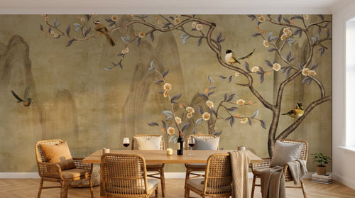 Design ZX0664 — Papier peint Pommier fleurs oiseaux montagne encre — Novomur