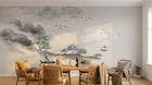 Design ZX0681 — Papier peint Paysage encre pavillons voiliers turquoise — Novomur