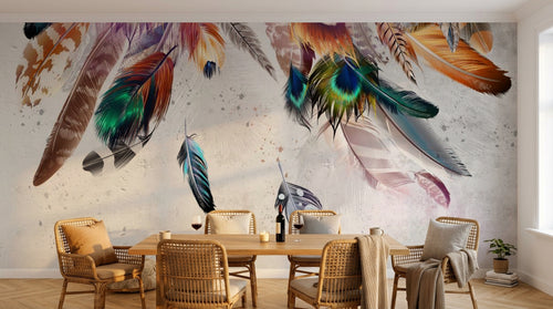 Design ZX0685 — Papier peint Plumes multicolores attrape-reves boho — Novomur