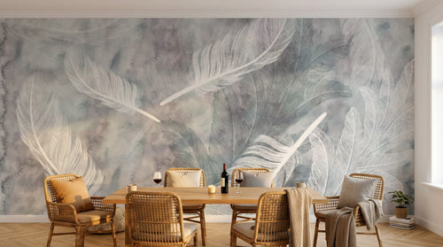 Design ZX0688 — Papier peint Plumes blanches contour bleu fond grunge — Novomur