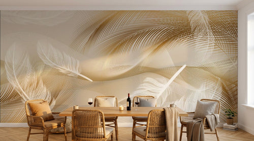 Design ZX0693 — Papier peint Plumes blanches lignes dorees beige — Novomur