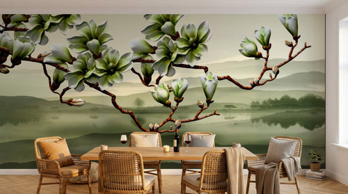 Design ZX0743 — Papier peint Magnolia vert paysage brumeux lac — Novomur