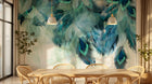 Design L0765 — Papier peint Plumes paon turquoise feuilles — Novomur