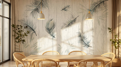Design SL0109 — Papier peint Plumes noires fond bois blanc tropical — Novomur