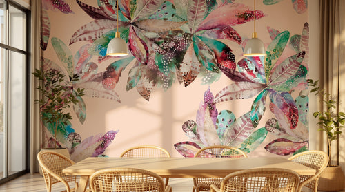 Design SL0262 — Papier peint Feuilles boho aquarelle multicolores fond rose — Novomur