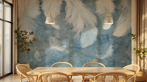 Design SL0331 — Papier peint Plumes blanches fond bleu pastel — Novomur