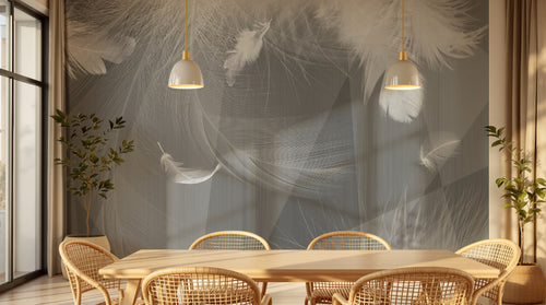 Design SL0399 — Papier peint Plumes blanches fond gris lignes fluides — Novomur