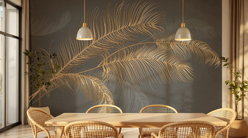 Design SL0446 — Papier peint Plumes palmes dorees fond gris luxe — Novomur