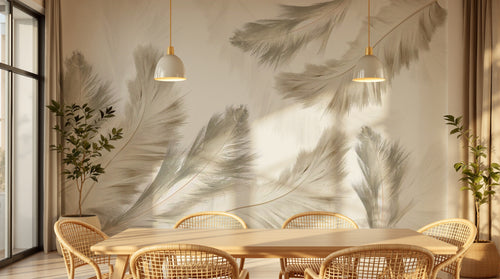 Design SL0547 — Papier peint Plumes beige duveteuses fond blanc — Novomur