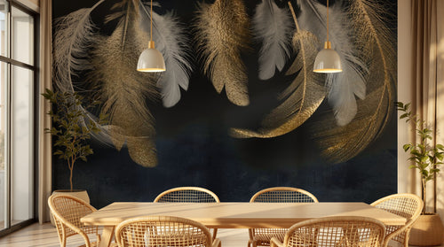 Design SL0630 — Papier peint Plumes blanches dorees fond bleu marine — Novomur