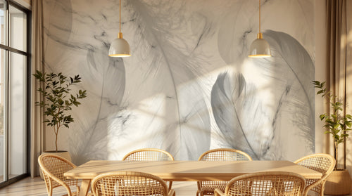 Design SL0706 — Papier peint Plumes blanches transparentes marbre — Novomur
