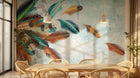 Design ZX0341 — Papier peint Plumes colorees mouvement turquoise — Novomur