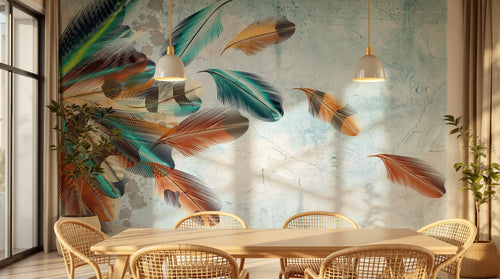 Design ZX0341 — Papier peint Plumes colorees mouvement turquoise — Novomur